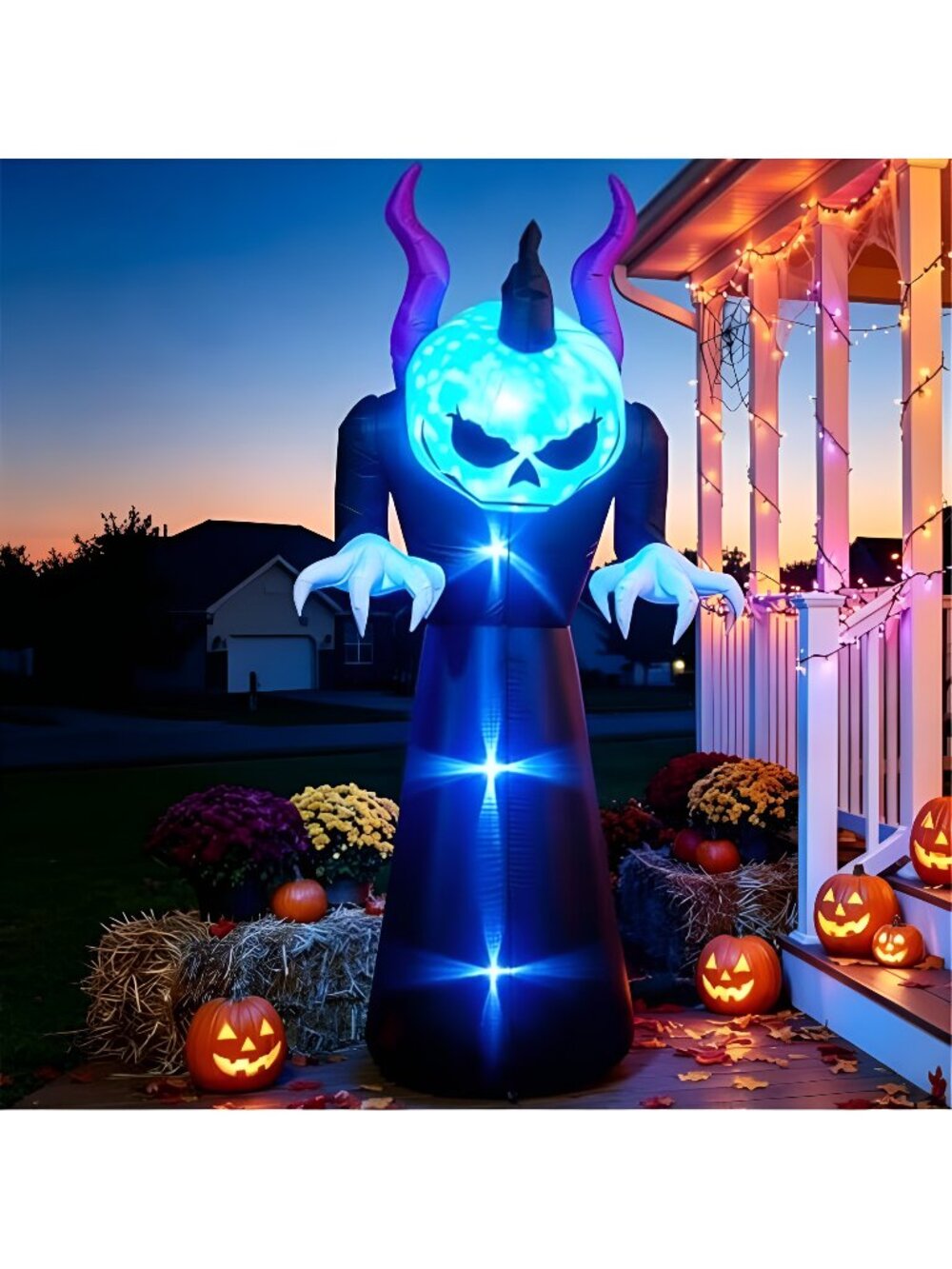 7ft Halloween Inflatable Pumpkin Grim Reaper, Rotating Blue LED, Yard Decor